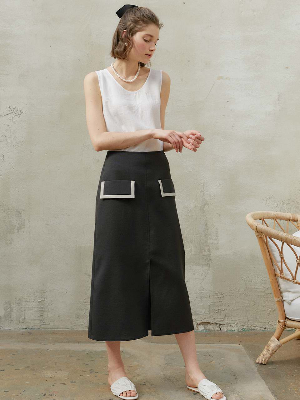 RENE Contrast Pocket Long Skirt_Black