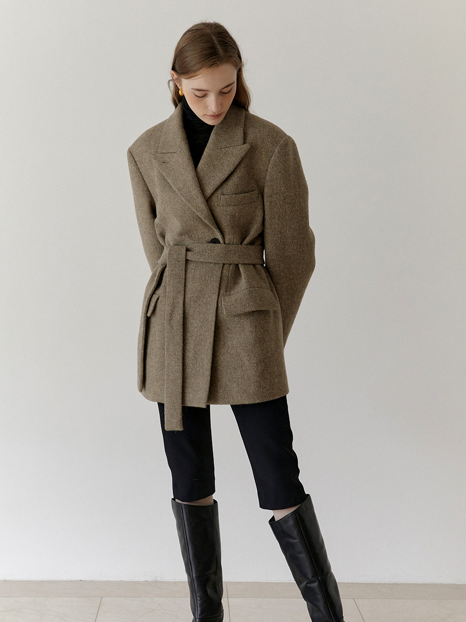 [Low in stock] SIENNA semi-double brest belted half coat_Alpaca tweed Beige