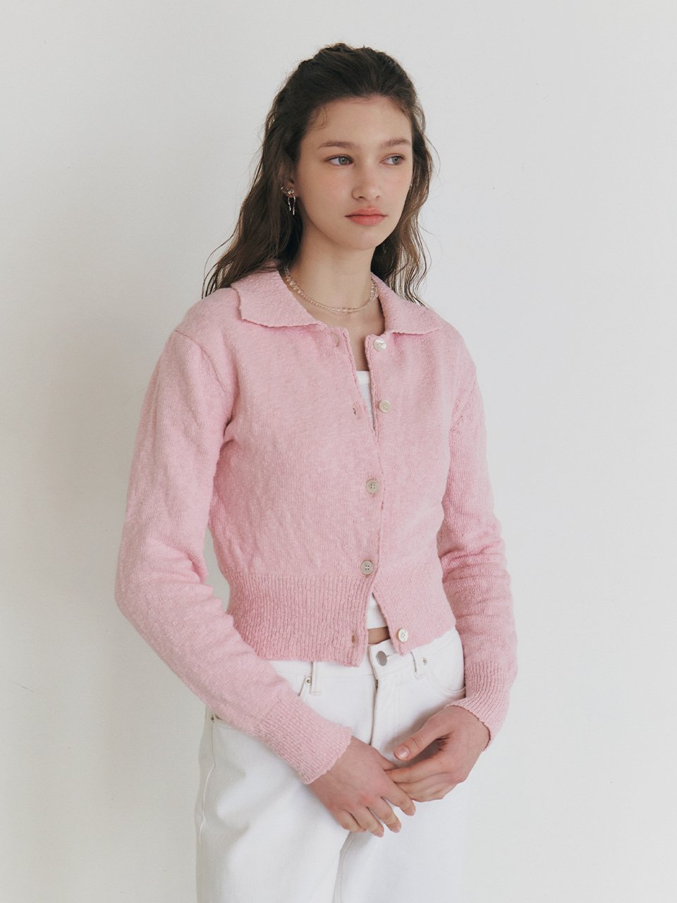 MANNON organic cotton collar knit cardigan_Sherbet Pink