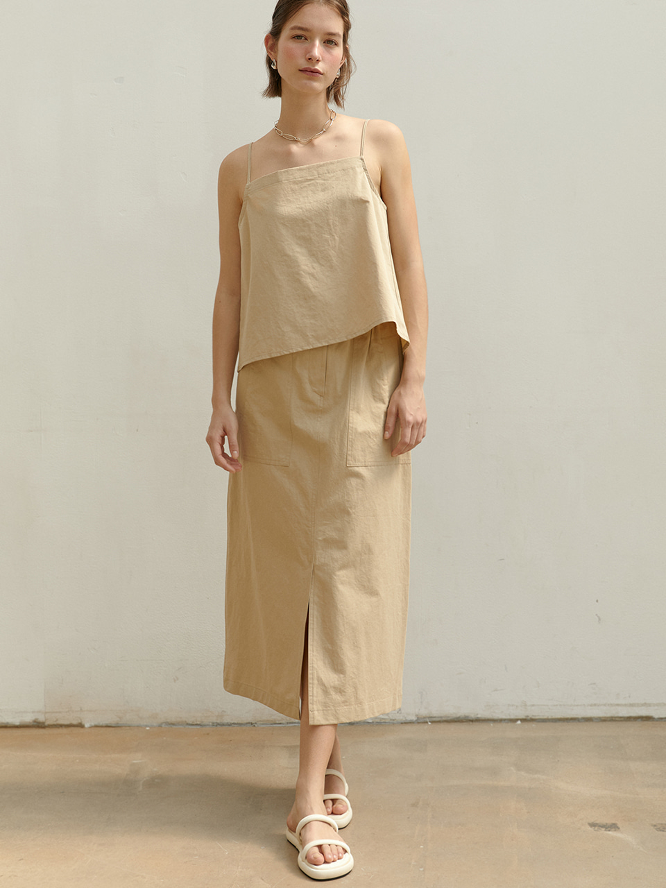 LINDY front slit linen long skirt_OLIVE BEIGE