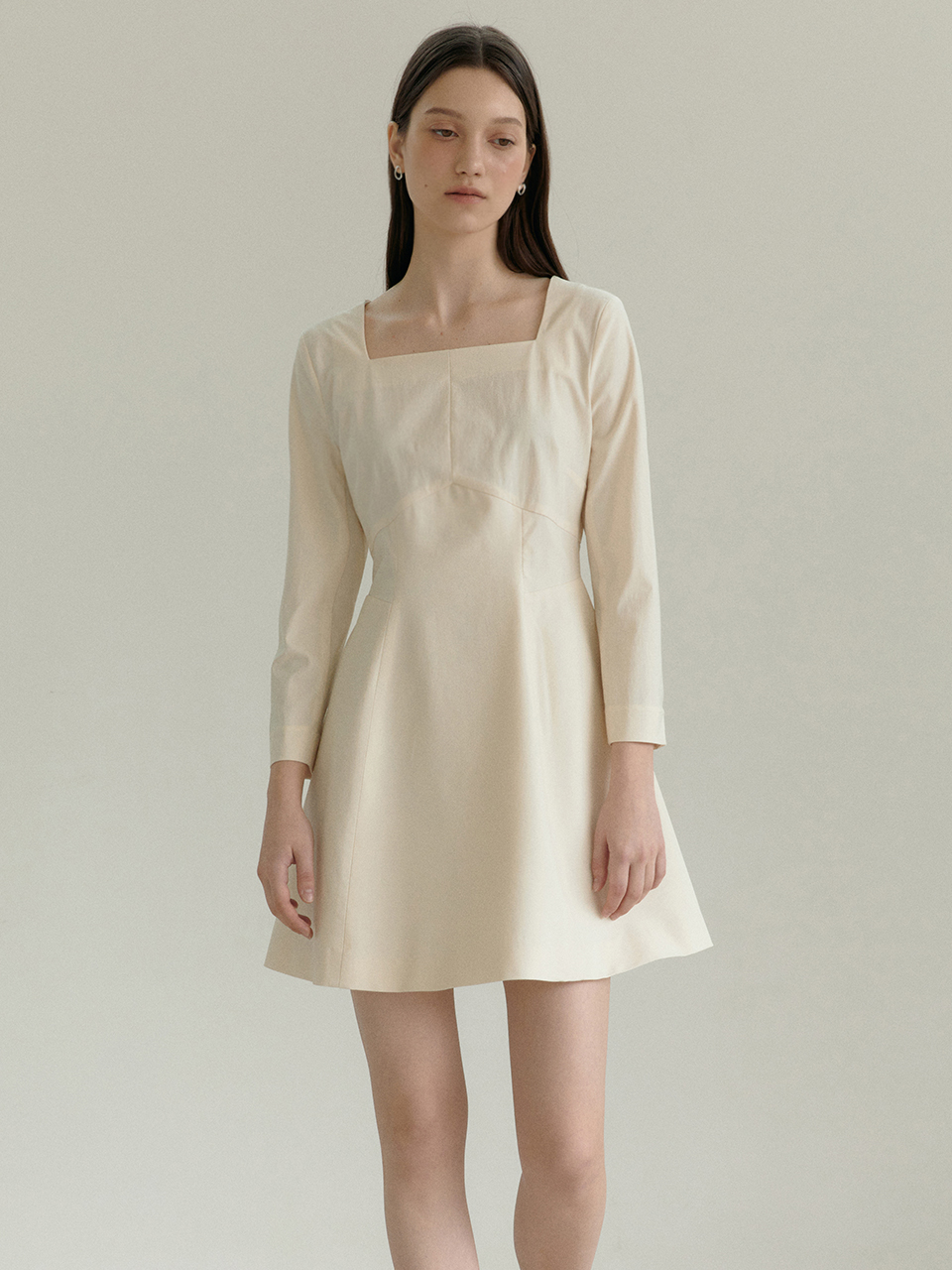 REGINA Square Neck Fit&amp;A Line Mini Dress_Cream Beige