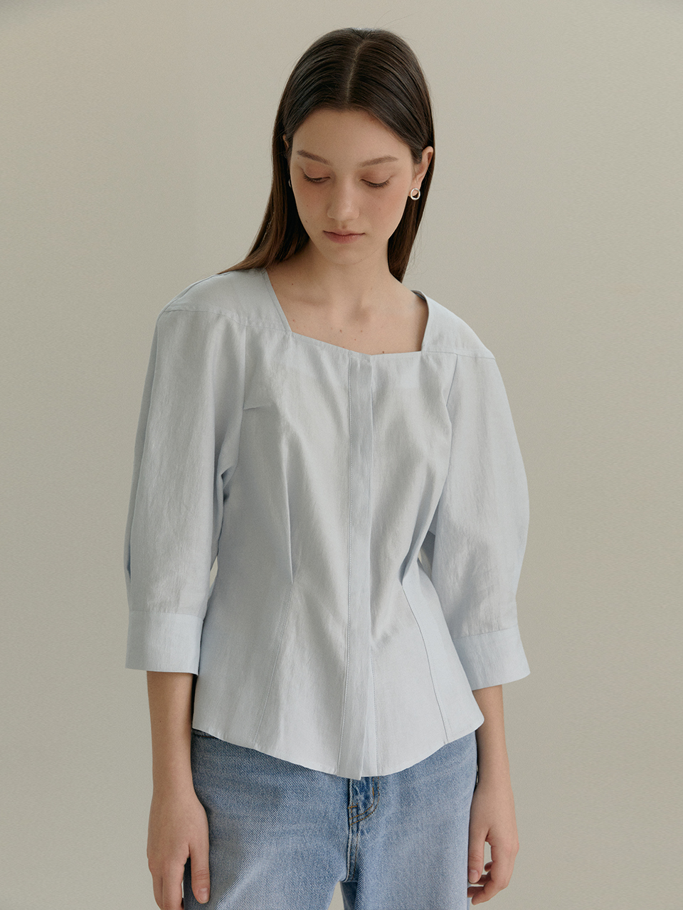 JULES Volume Sleeve Hourglass Fit Blouse_Sky Blue