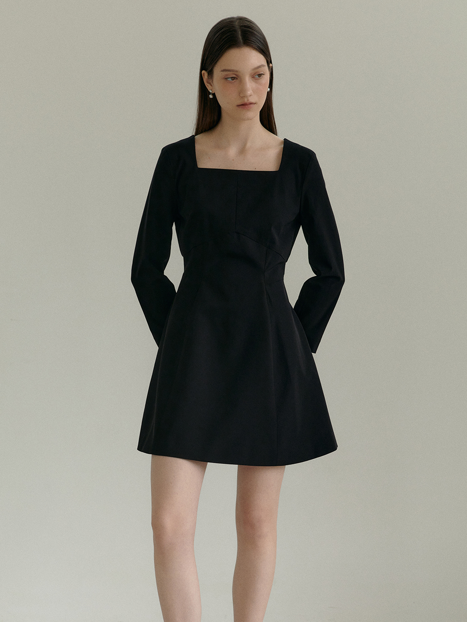 REGINA Square Neck Fit&amp;A Line Mini Dress_Black