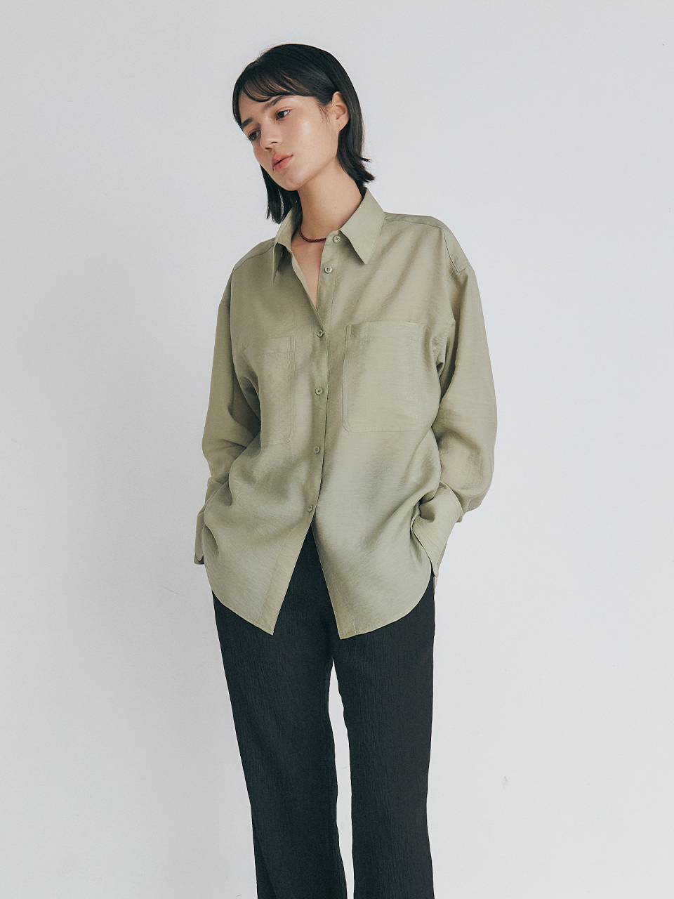MANNON silk blended oversized sheer shirt_Sage Green