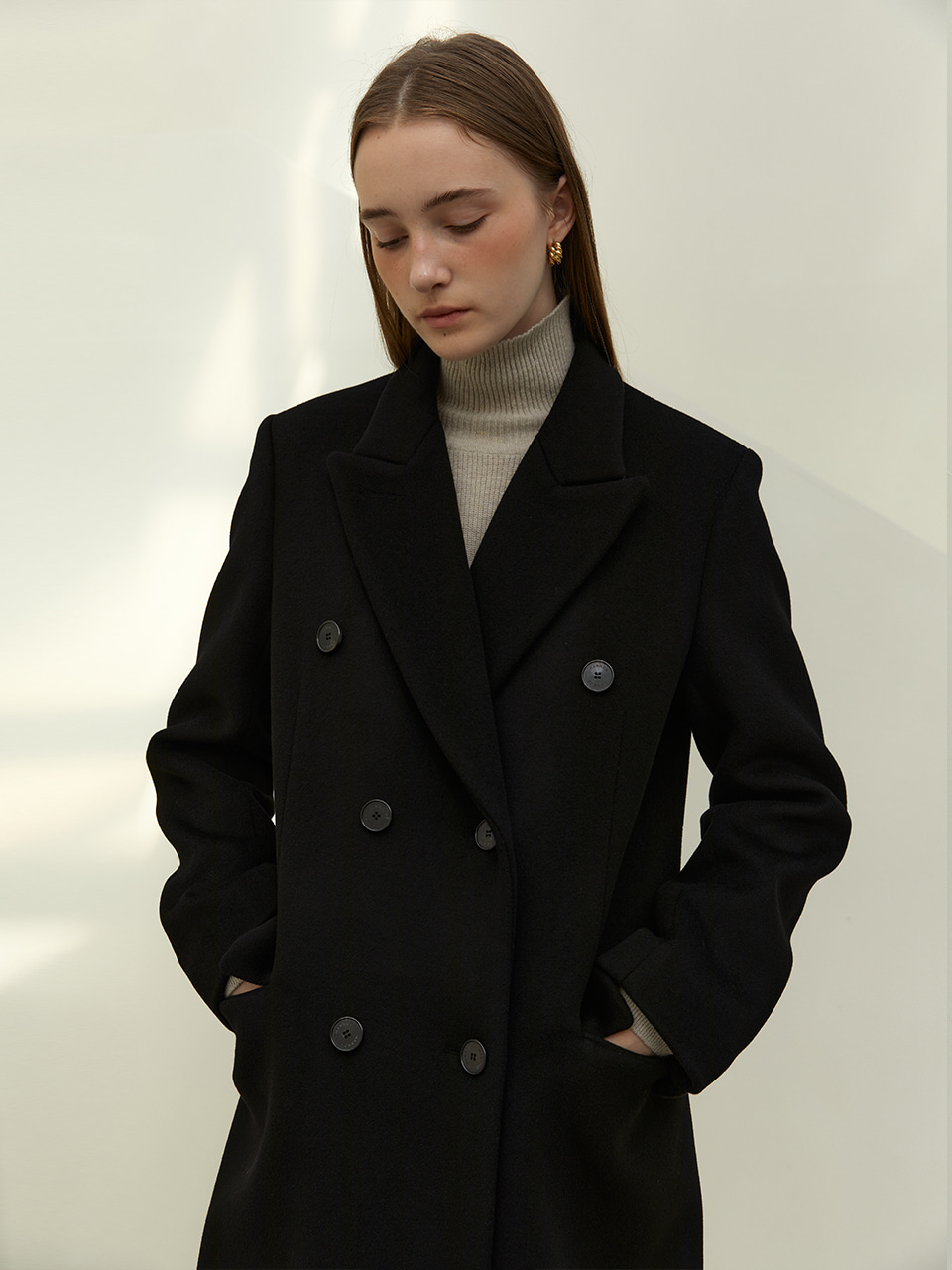 [Low in stock] HAILEY classic double breasted merino wool coat_Black