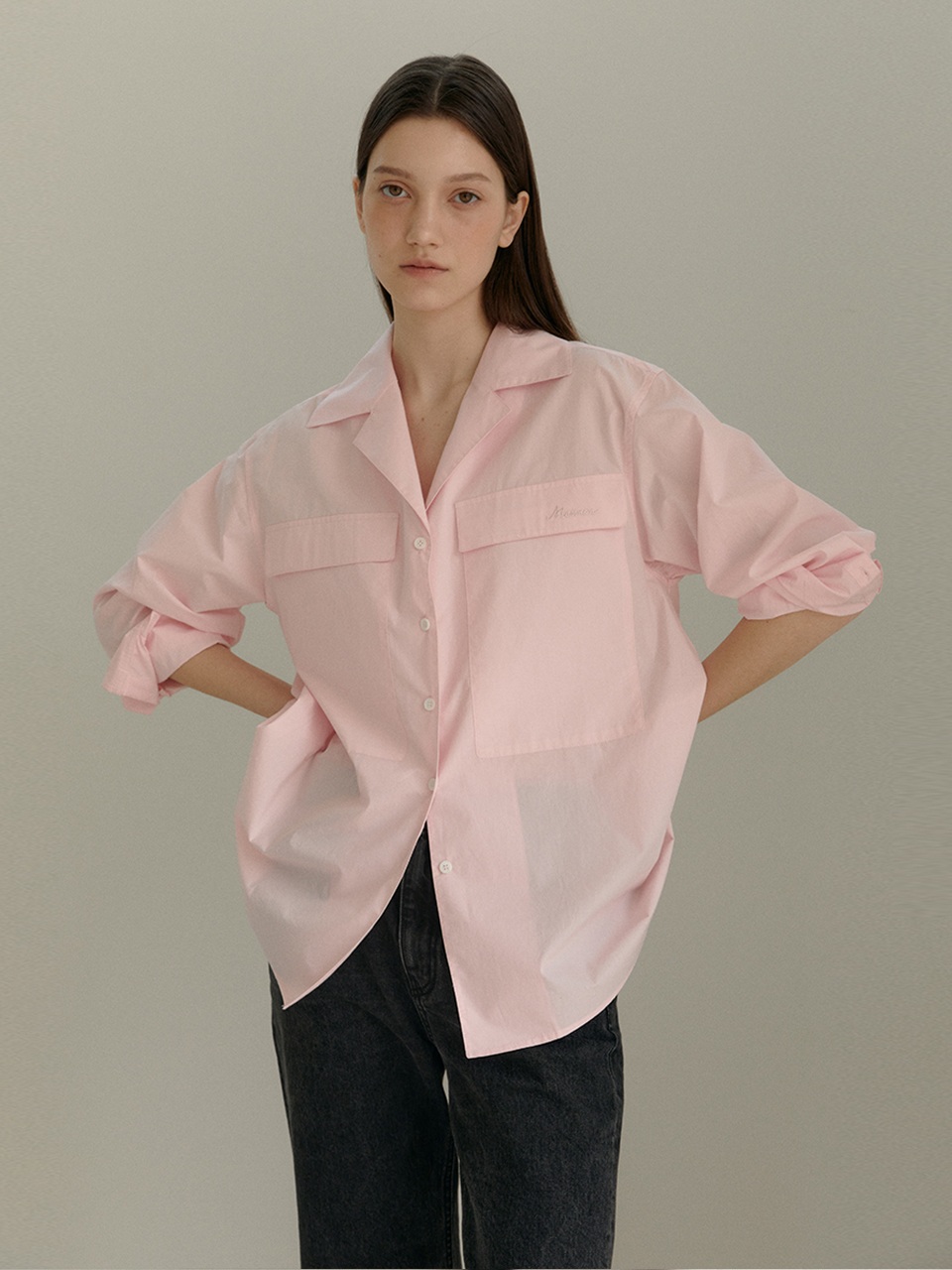 [24S/S 재입고] Classic Flap Pocket Open Collar Blouse_Light Pink
