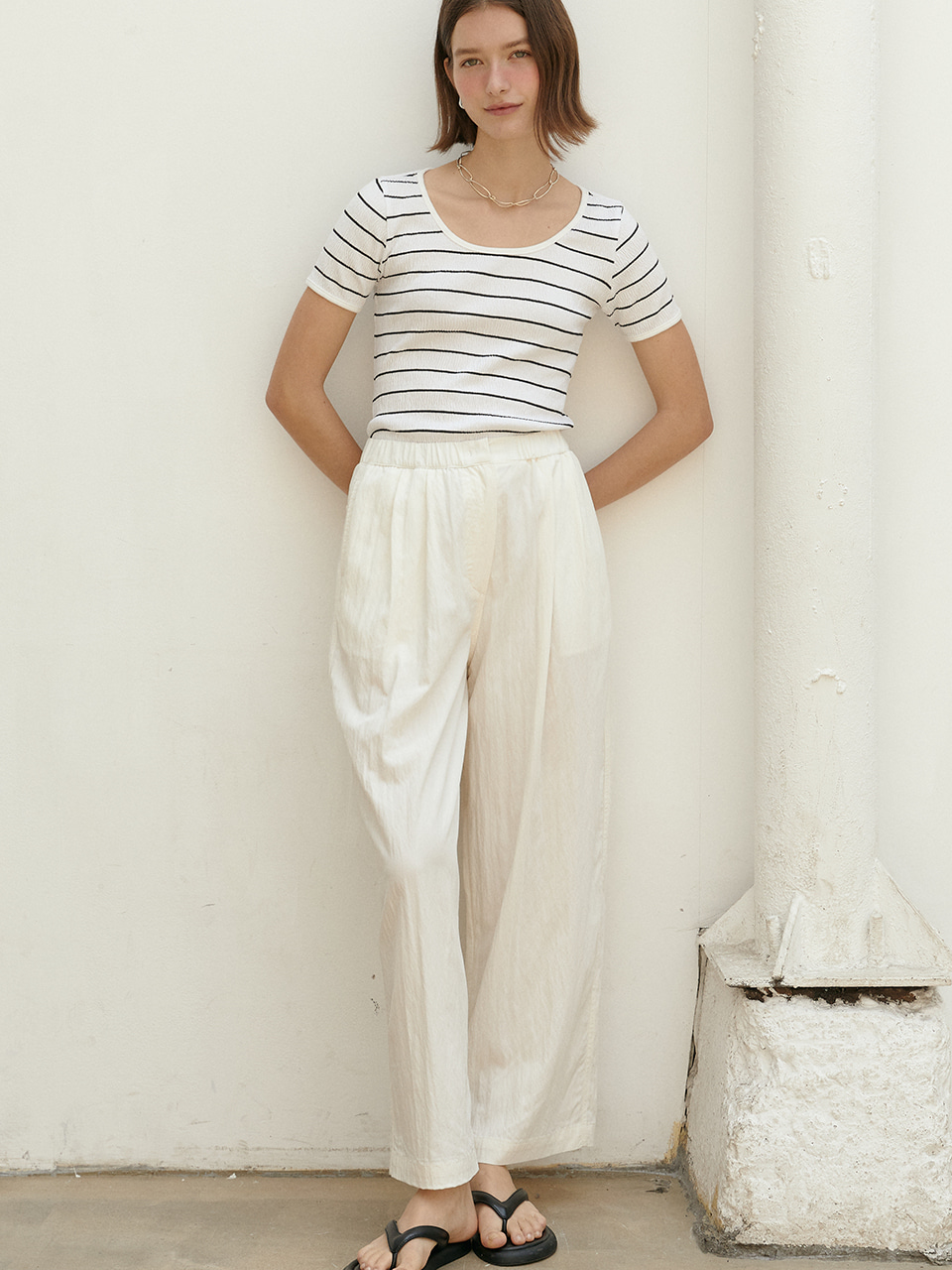MIKA elastic band wasted summer wide pants_IVORY