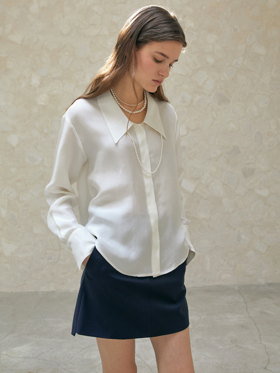 GABI low collar silky rayon blouse_WHITE