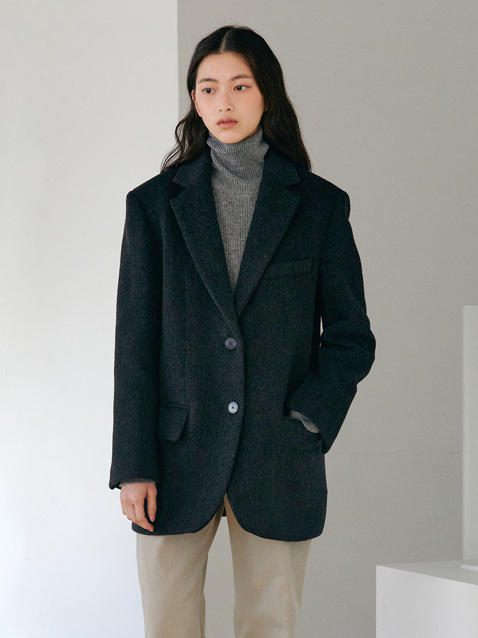 MARC semi-overfit single blazer coat_Charcoal Black