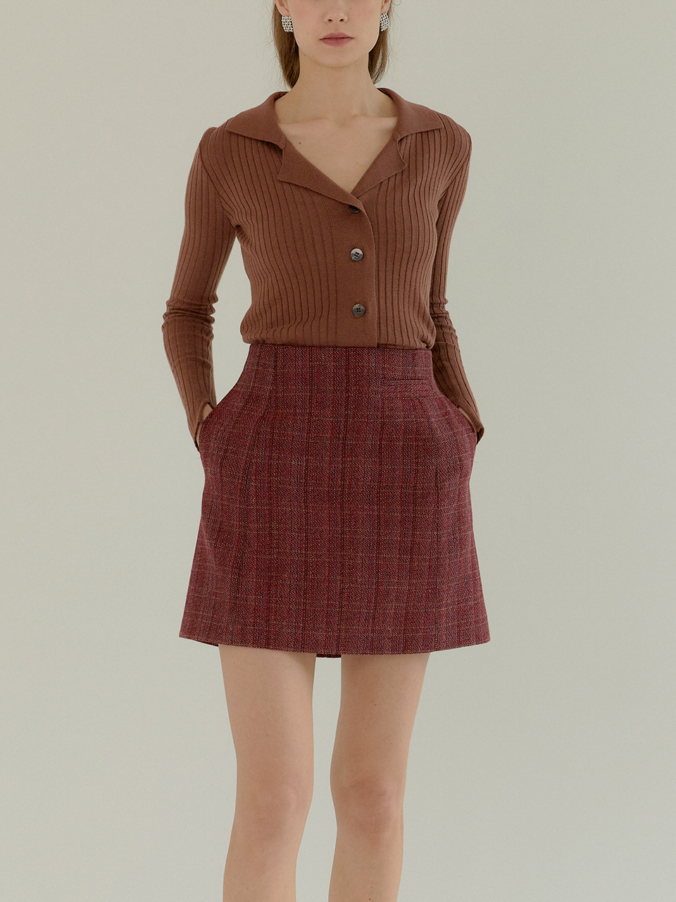 JEANNE_High Waisted Jacquard Mini Skirt_BRICK RED